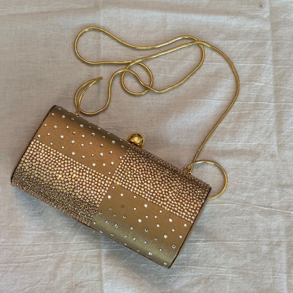 Rare Stuart Weitzman Crystal Clutch | Gold Satin Hard Case | Vintage Y2K | Made